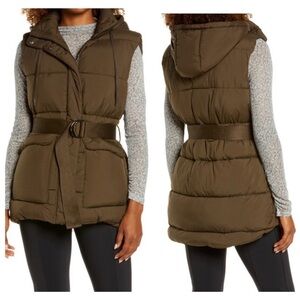 Zella Longline Hooded Zip Up Belted Puffer Vest Olive Green Women’s Sz XXS